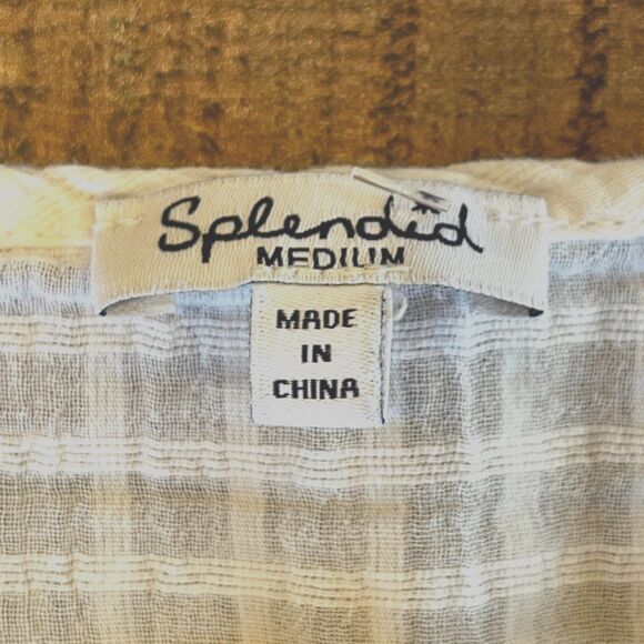 Splendid White Windowpane Blouse Peasant Medium Tie Front Keyhole Boho - Picture 7 of 7